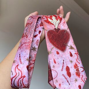 vintager古着风【心脏】火焰红刺绣爱心粉色领带女挂脖配饰丝巾