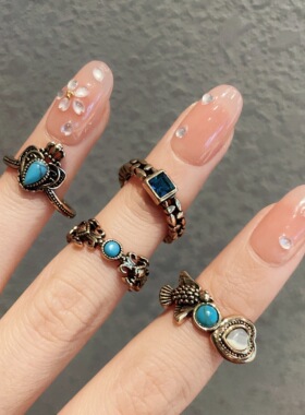 复古松石爱心鸢尾花皇冠戒指女中古小众轻奢高级感食指戒叠戴指环