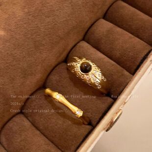 金色虎眼石开口戒指女轻奢高级感复古食指戒小众设计叠戴气质指环