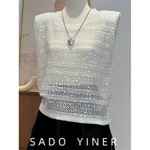 SADO YINER韩系设计感小众亮片针织背心女士夏季新款圆领垫肩上衣
