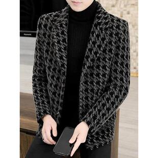 帅气加厚貂皮天鹅绒男士 秋冬时髦修身 小 夹克男士 格纹羊毛休闲西装