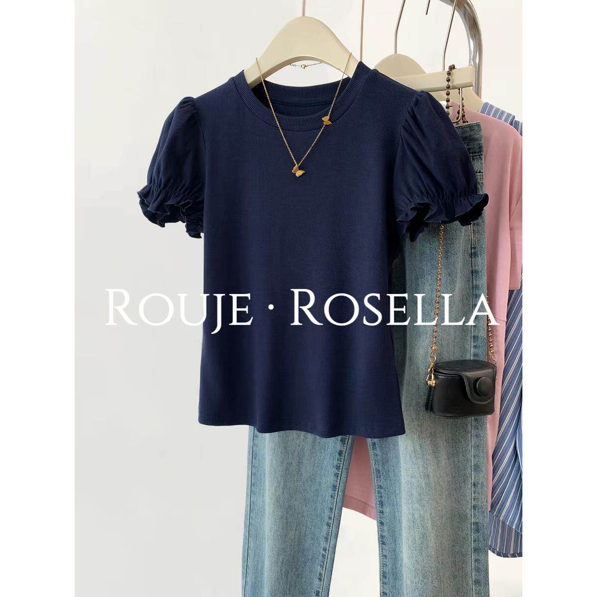 法国Rouje Rosella泡泡袖纯色短袖t恤女夏季设计感圆领修身上衣