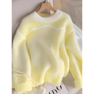 日系柠檬黄色宽松长袖针织衫毛衣女秋冬季新款韩系氛围感时尚上衣