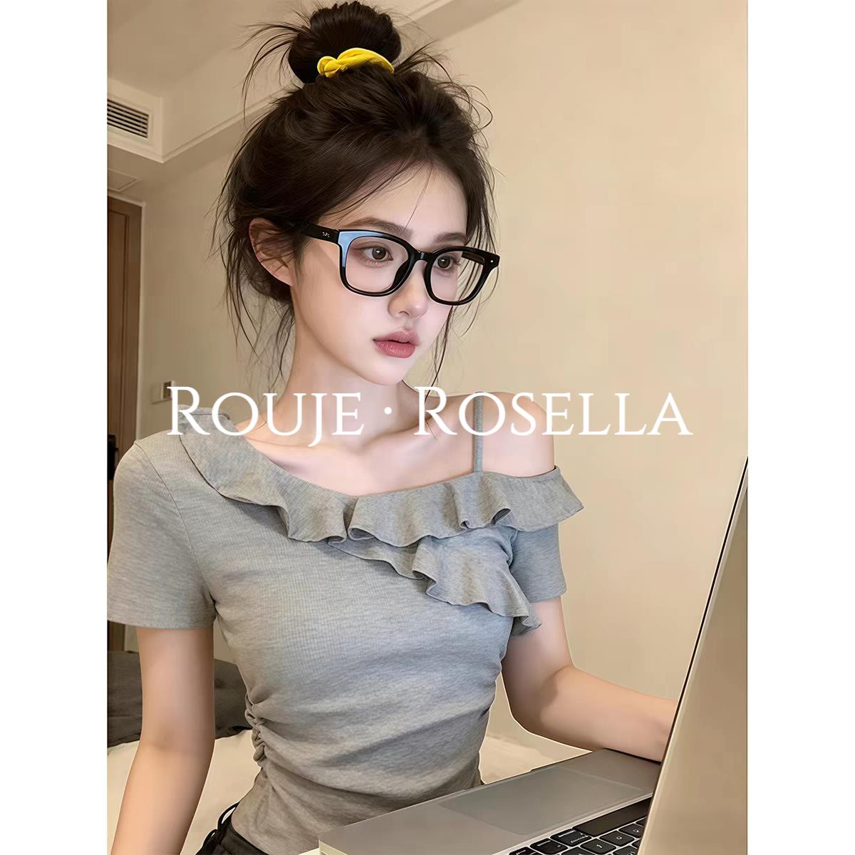 法国Rouje Rosella甜美百搭荷叶边短袖露肩T恤女掐腰显瘦上衣