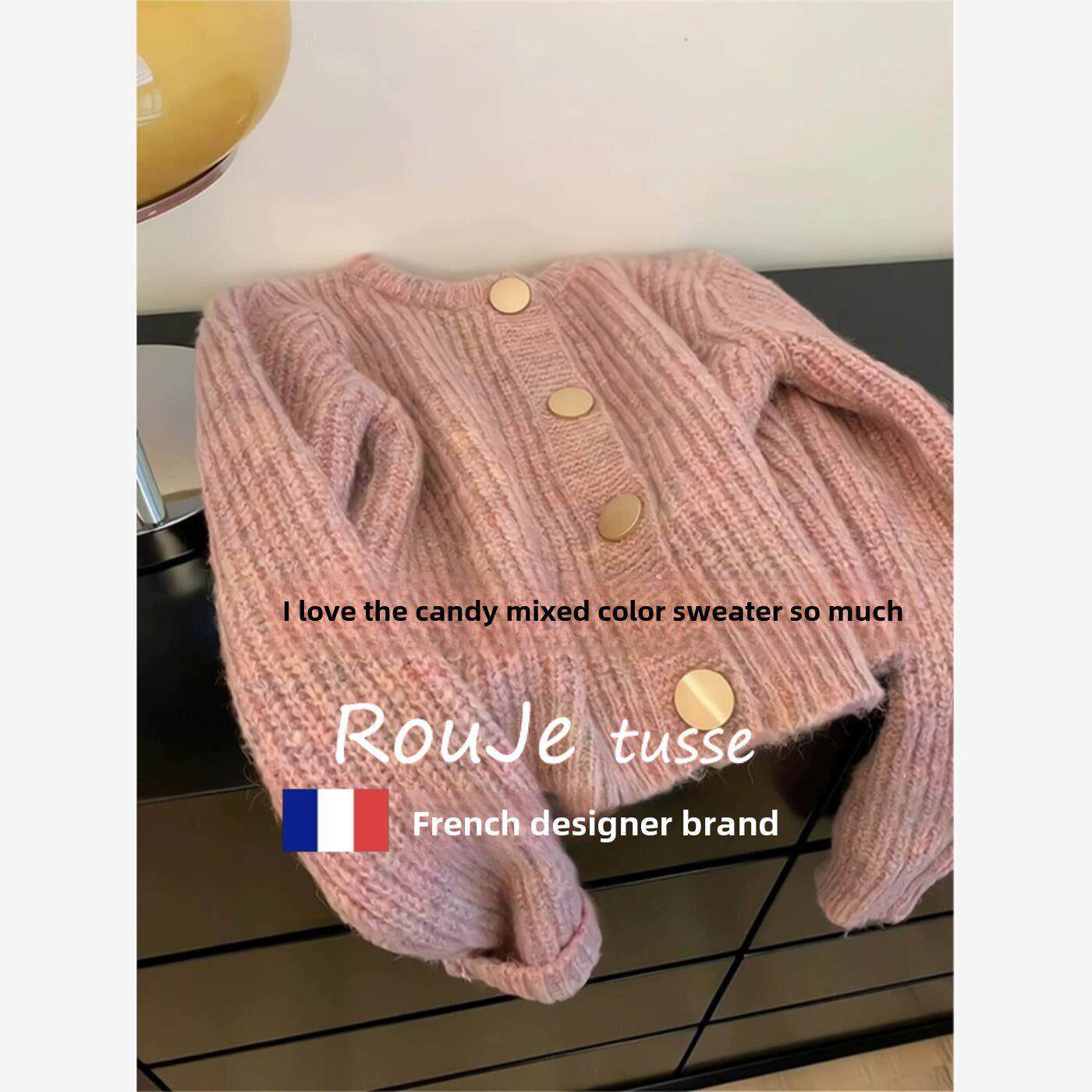 Rouje Tusse粉色羊绒短毛衣外套女式秋冬宽松慵懒风格羊毛针织开