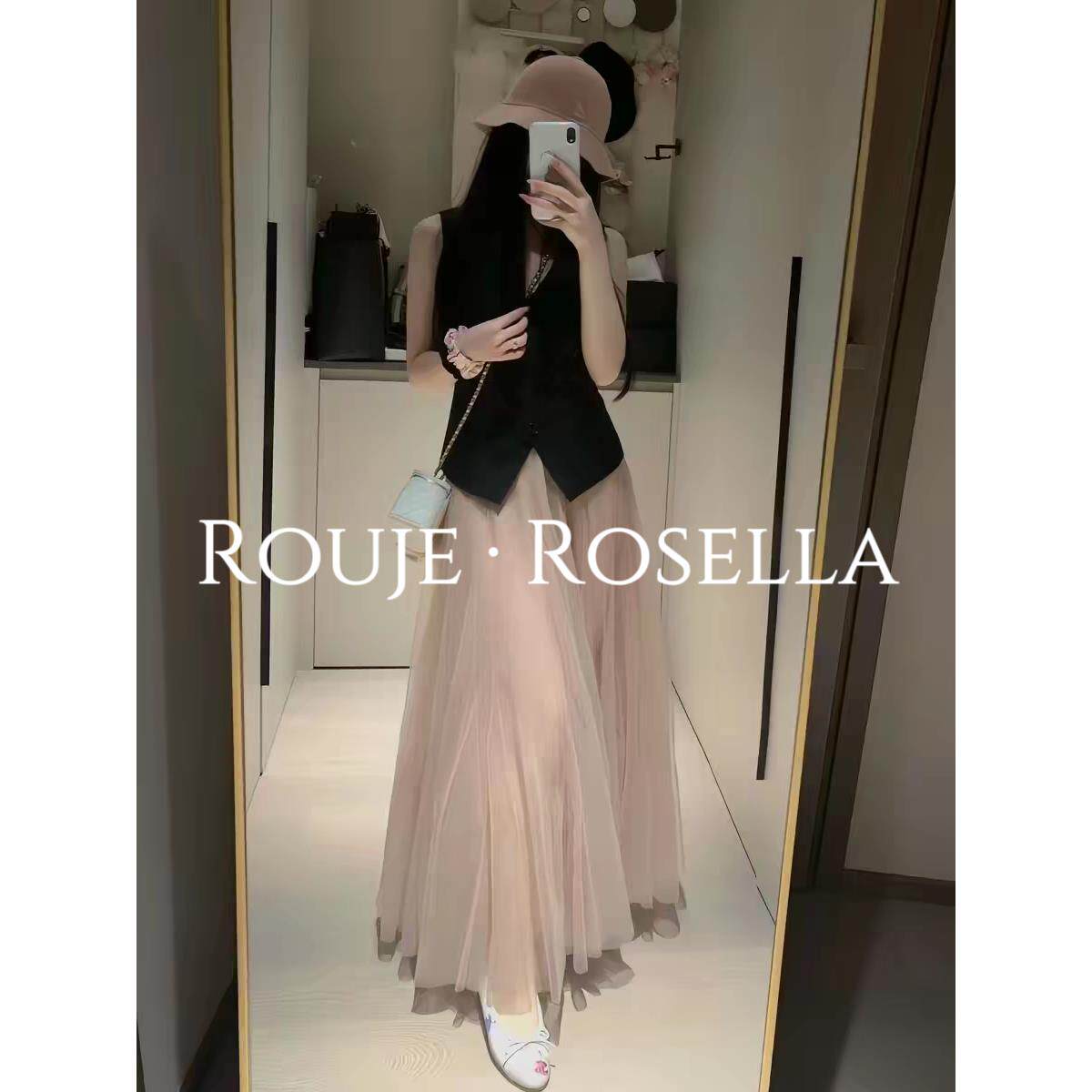 法国Rouje Rosella新款夏季超仙伞裙垂感粉色a字纱裙半身裙