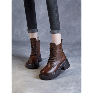 加绒马丁靴女真皮高筒爆款英伦风增高厚底轻便软底冬季保暖短靴女
