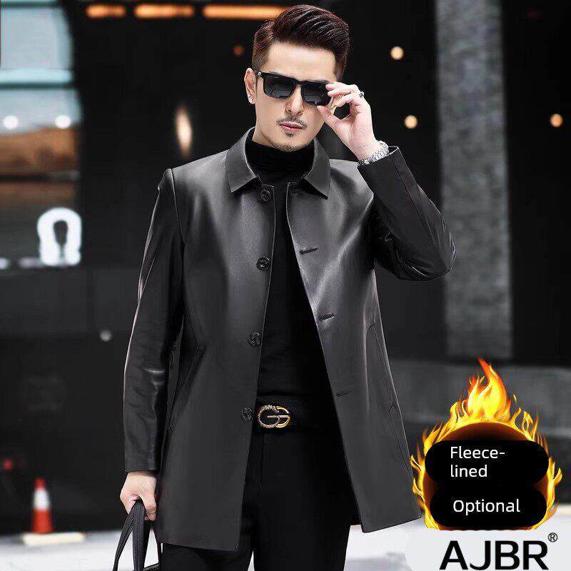 风衣新款秋冬季中老年男士爸爸绵羊皮加绒中长款休闲商务夹克外套