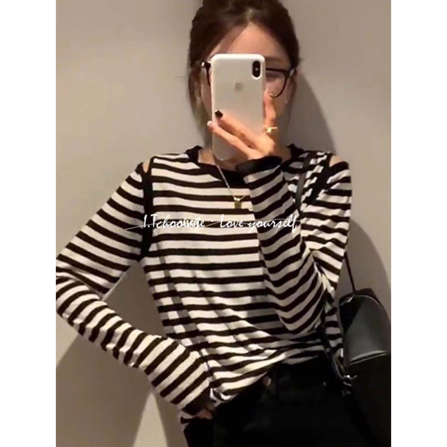 I.Tchooiate设计镂空露肩拼接长袖条纹T恤女2025秋款洋气打底上衣