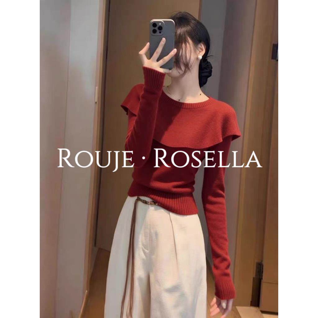 法国Rouje Rosella私藏挚爱新年红色荷叶毛衣女秋冬高级感上