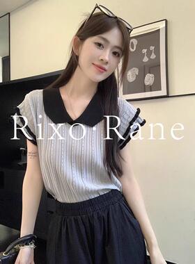 法国Rixo Rane 美到醉心⭐短袖冰丝针织衫T恤女撞色V领荷叶袖上衣