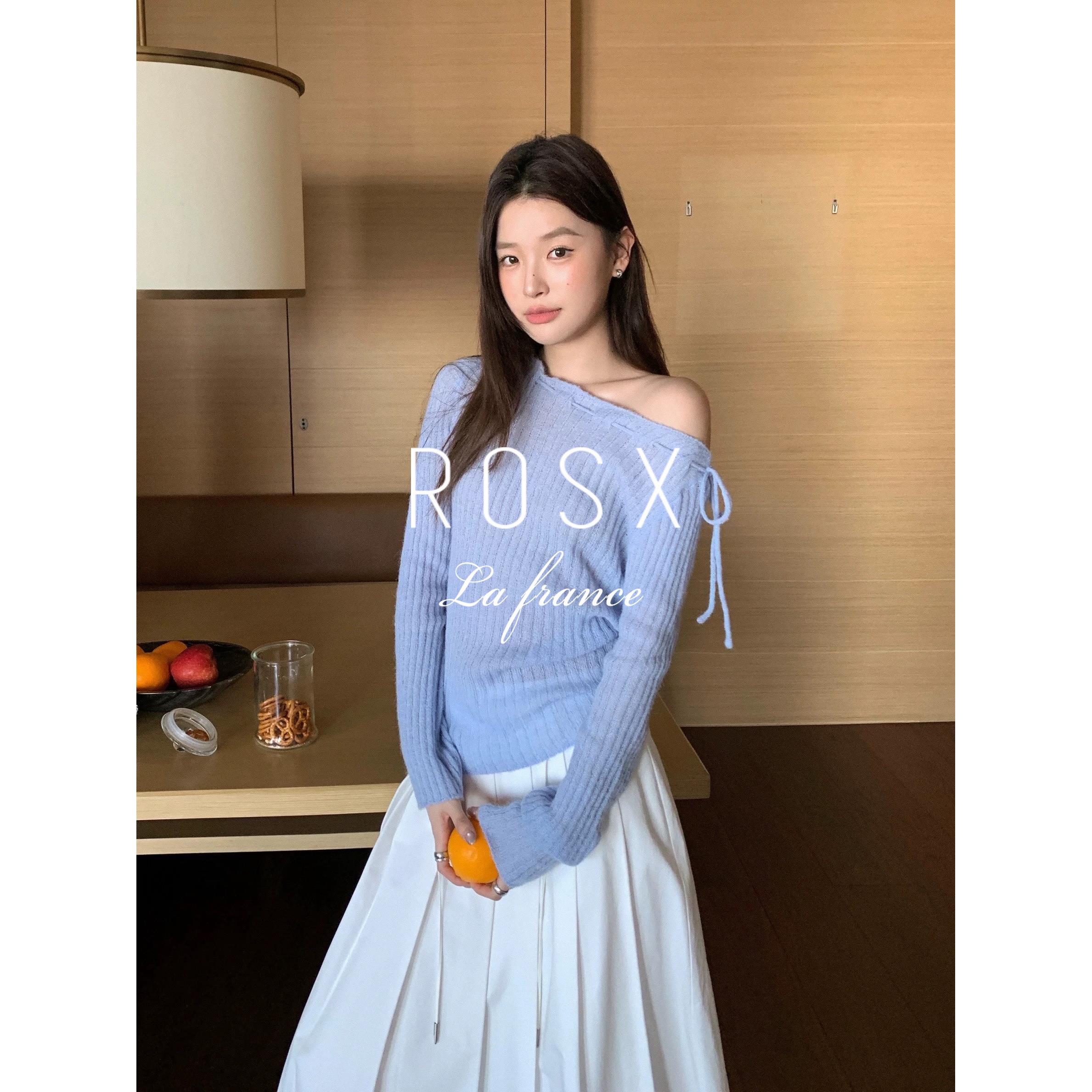ROSX法式温柔风蓝色系带坑条针织衫女春季设计感修身长袖内搭上衣