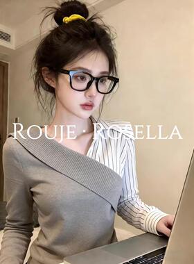 法国Rouje Rosella时尚推荐⭐撞色假两件交叉v领衬衫女春洋气上衣