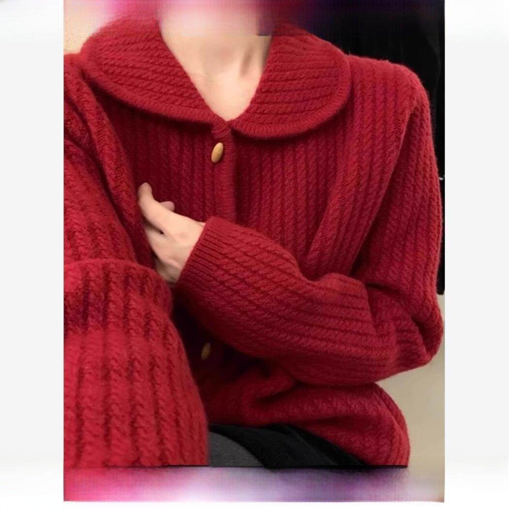 新年红色翻领羊绒针织开衫女秋冬款牛角扣娃娃领覆古羊毛毛衣外套,女装/女士精品,毛衣,淘宝优惠券,粉丝福利购,淘宝优惠卷