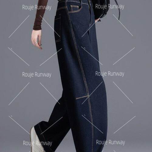 法式Rouje Runway2026新款春秋季小个子裤子女宽松深蓝色弯刀裤子