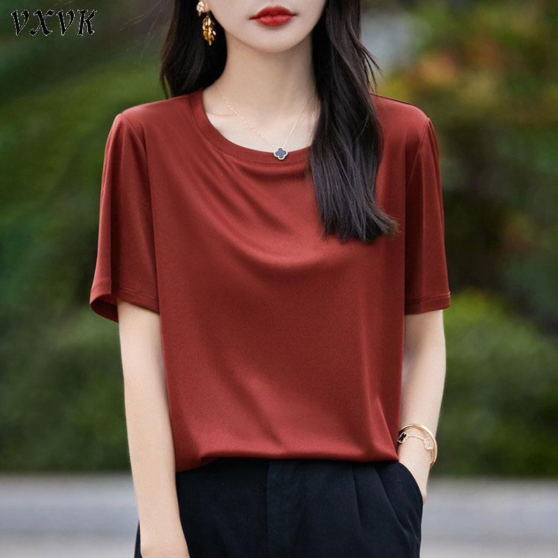 车厘子红色醋酸缎面短袖t恤女2026夏季圆领宽松显瘦丝滑无痕上衣