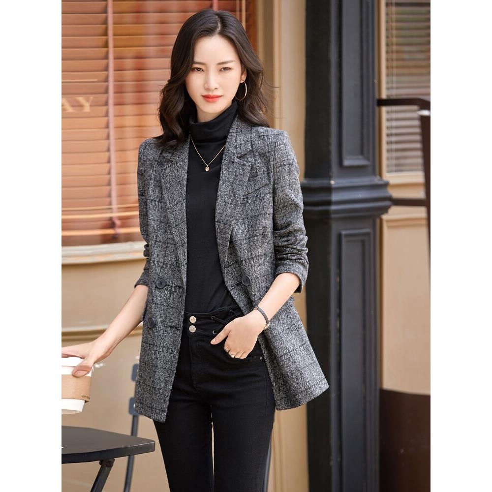 灰色格子西装外套女中长款2025春秋新款修身显瘦高级感小西服外套