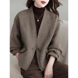 YENR轻奢V领双面羊绒大衣短秋冬新款 休闲小个子羊毛呢子减龄外套