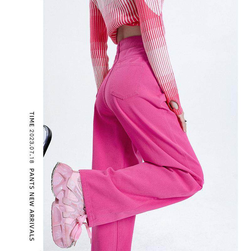 韩国玫红色牛仔裤女春秋高腰直筒显瘦梨型身材辣妹多巴胺阔腿裤冬,女装/女士精品,牛仔裤,淘宝优惠券,粉丝福利购,淘宝优惠卷