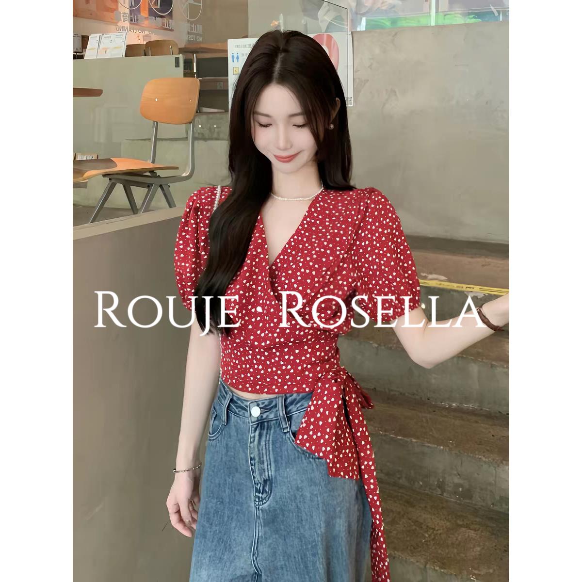 法国Rouje Rosella气质V领泡泡短袖绑带收腰显瘦红色爱心衬衫