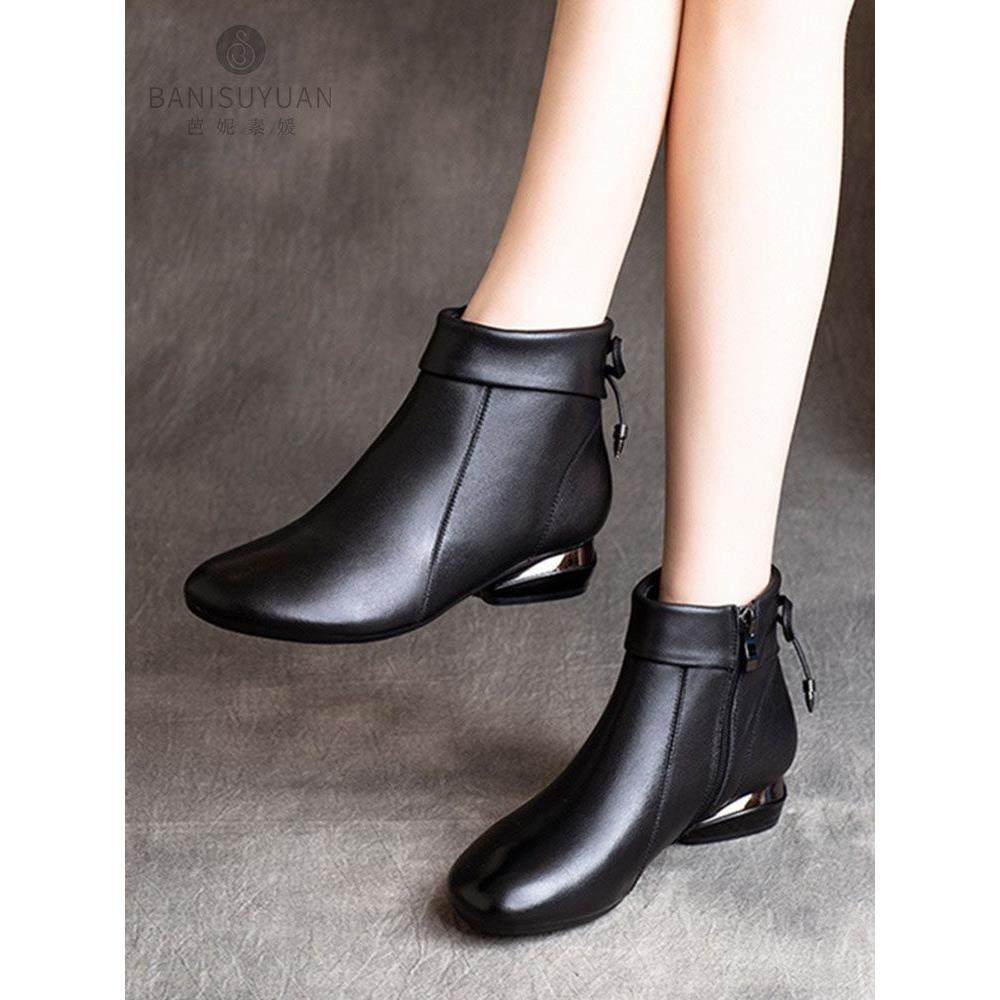 真皮低跟小短靴女2025年冬季新款加绒平底妈妈鞋百搭软皮马丁靴,女鞋,时装靴,淘宝优惠券,粉丝福利购,淘宝优惠卷