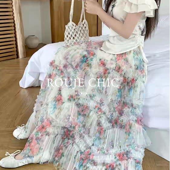 法国rouje chic春季钉珠不规则印花高腰半身裙女法式大摆甜美长裙