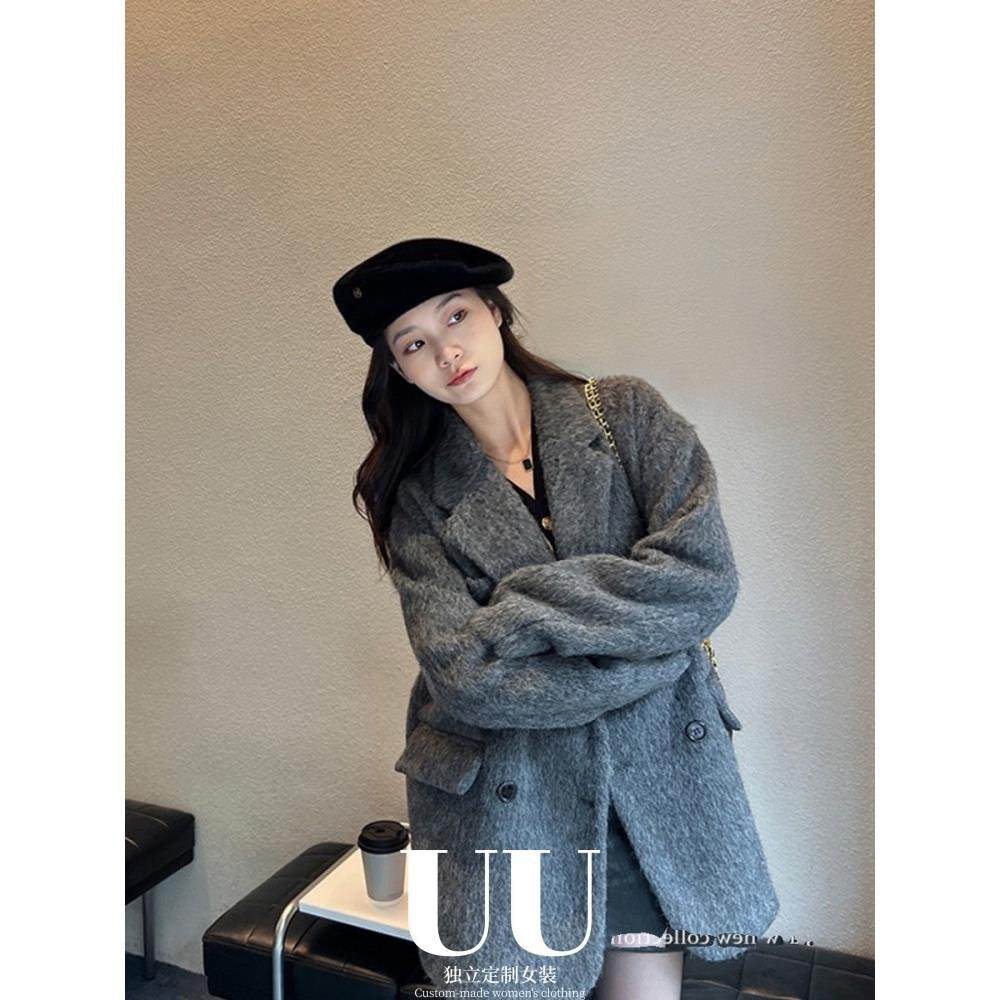 UU定制/灰色大衣女2025秋冬季新款高级感小个子西装版羊毛呢外套