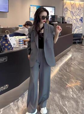 Chlenady灰色休闲套装女性春秋季经典褶皱修身西装阔腿裤两件套