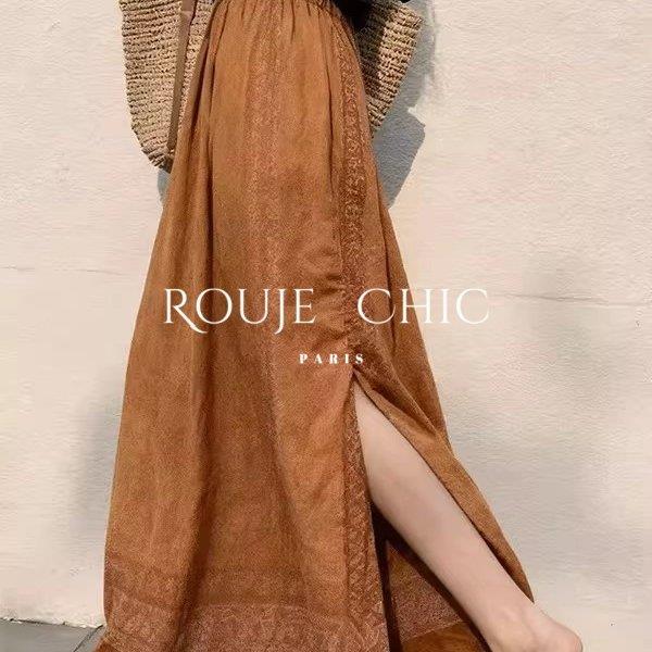 法国rouje chic咖色民族风印花后开叉半身裙女早春气质风显瘦裙子