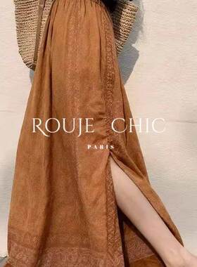 法国rouje chic咖色民族风印花后开叉半身裙女早春气质风显瘦裙子