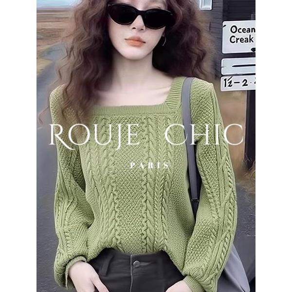 法国rouje chic法式抹茶绿方领麻花纹针织衫女早春气质风显瘦毛衣