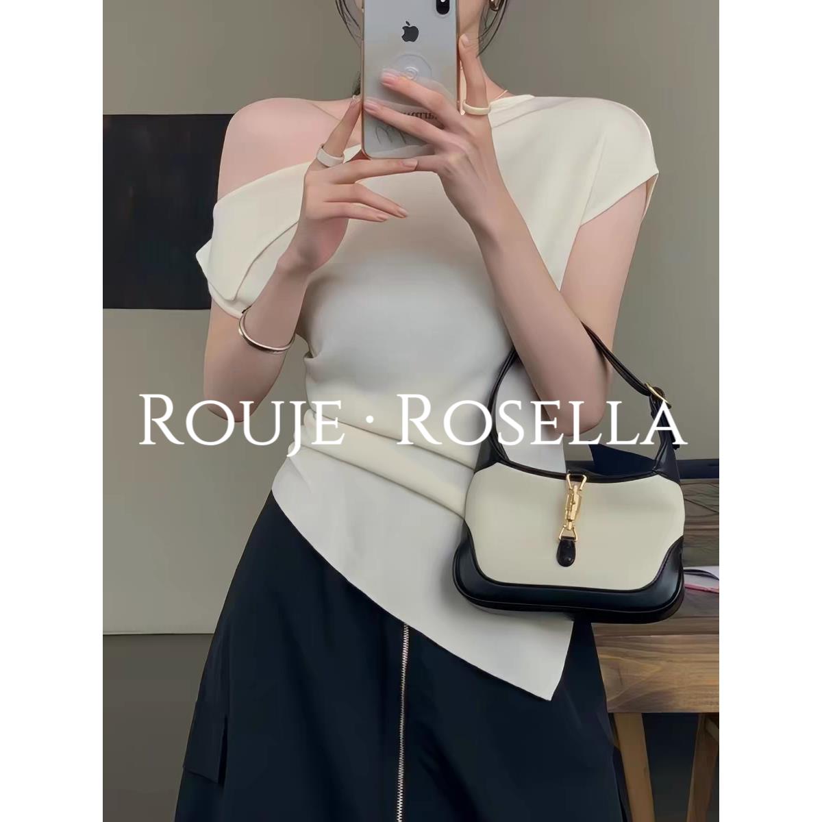 法国Rouje Rosella小众设计感斜肩不规则短袖T恤女修身露肩上衣