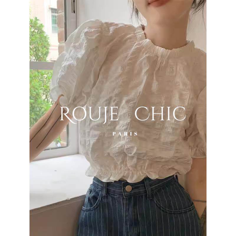 法国Rouje Chic法式夏季别致上衣女设计感温柔显瘦泡泡短袖衬衫