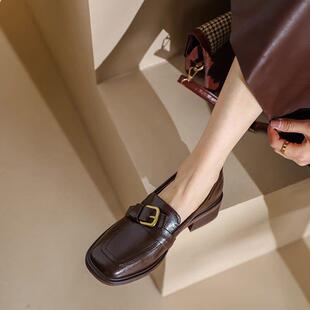 方趾覆古皮鞋 真皮乐福鞋 厚跟 中跟鞋 2025秋冬新英伦风格
