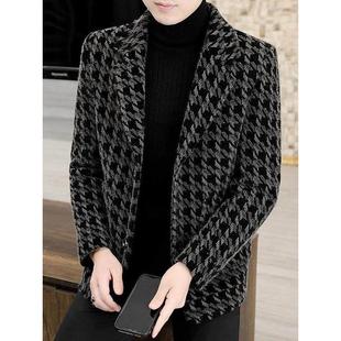 帅气加厚貂皮天鹅绒男士 秋冬时髦修身 小 夹克男士 格纹羊毛休闲西装