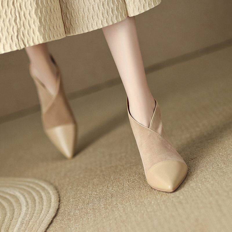 羊皮法式小踝靴短靴加绒尖头细跟单鞋小众裸色高跟鞋真皮靴子女冬