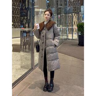 外套 加厚格子牛角扣中长款 羊羔绒拼接鹅绒羽绒服女2025年冬季 新款