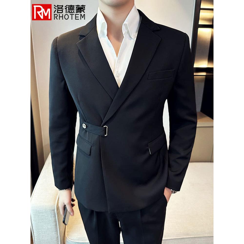 英伦范男士西服套春夏款休闲风个性小众系带修身版小西装男两件套