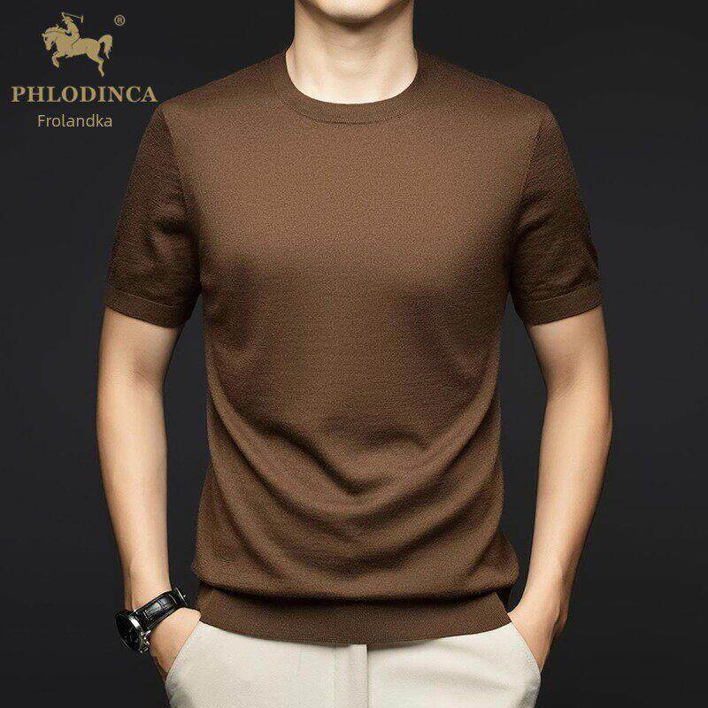 PHLODINCA 秋冬针织衫短袖t恤男2025新款圆领薄款纯羊毛T恤衫上衣