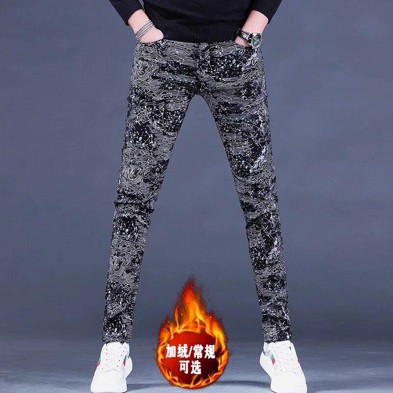 美式牛仔裤潮牌痞帅炸街修身小脚加绒黑色时尚印花裤子男款秋冬