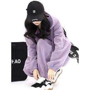 欧洲站休闲运动套装女2025新款春秋季洋气连帽卫衣紫色跑步两件套