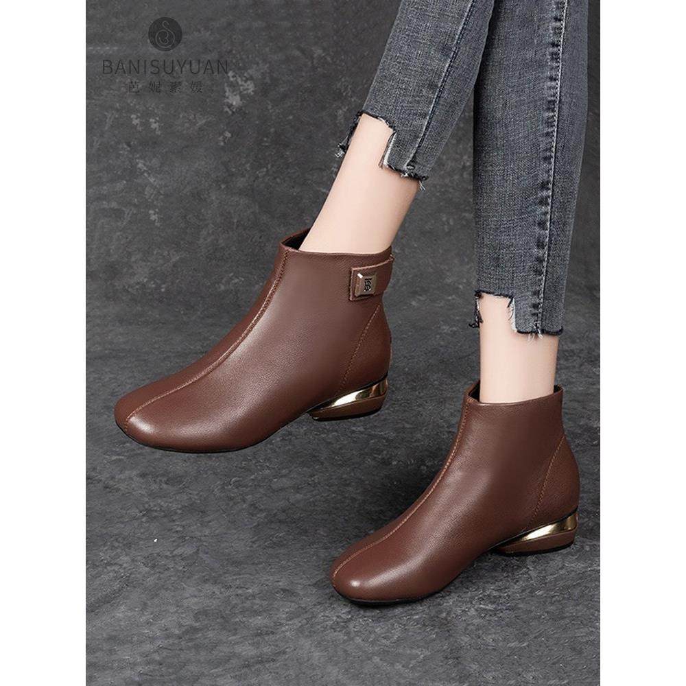 低跟短靴女真皮2025年冬季新款头层牛皮加绒女鞋短款棕色马丁靴,女鞋,时装靴,淘宝优惠券,粉丝福利购,淘宝优惠卷