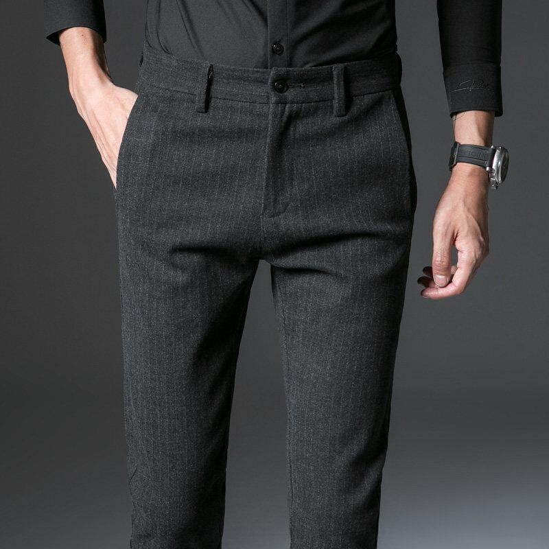 休闲裤男士秋冬季修身弹力小脚长裤韩版商务条纹直筒磨毛呢子西裤