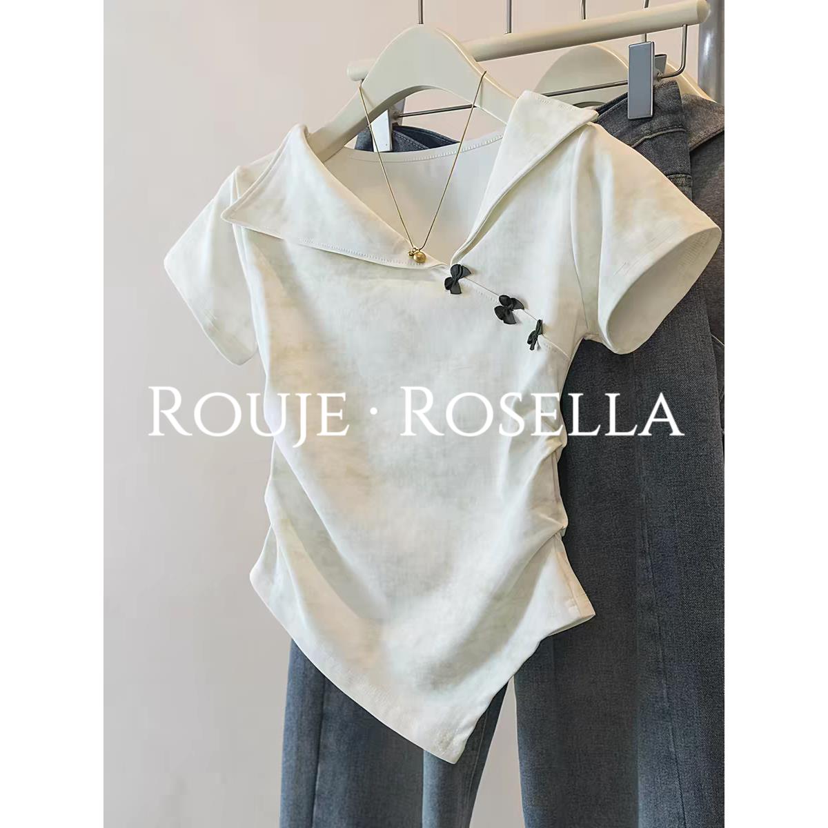 法国Rouje Rosella精致美丽翻领蝴蝶结正肩短袖女夏不规则上衣