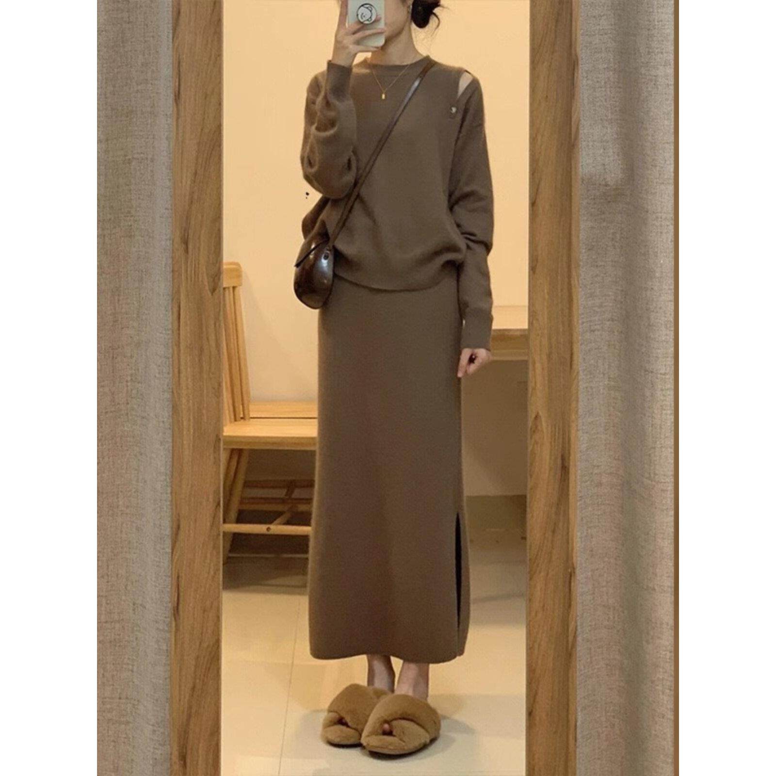 欧洲站2024秋冬新款女装法国覆古修身高端西装毛衣配裙子两件套