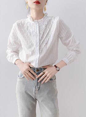 Canary Kiss蕾丝设计感小众衬衣女士春季立领泡泡袖显瘦百搭衬衫