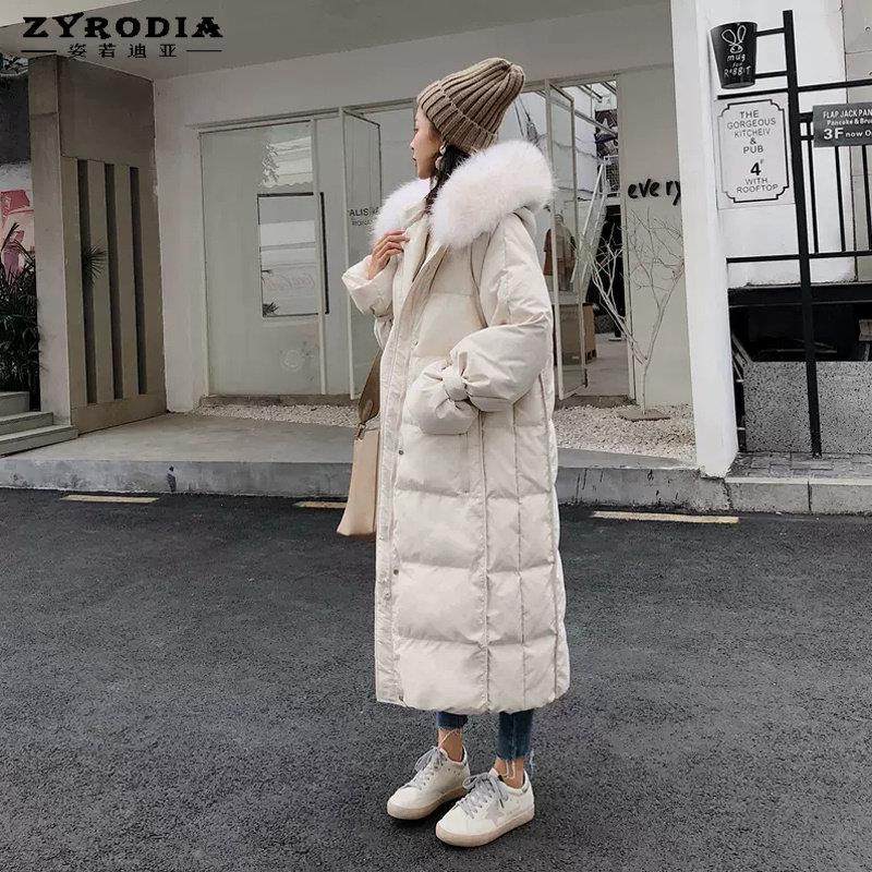 ZYRODIA2025冬季新款时尚白色羽绒服女中长款加厚宽松大毛领外套