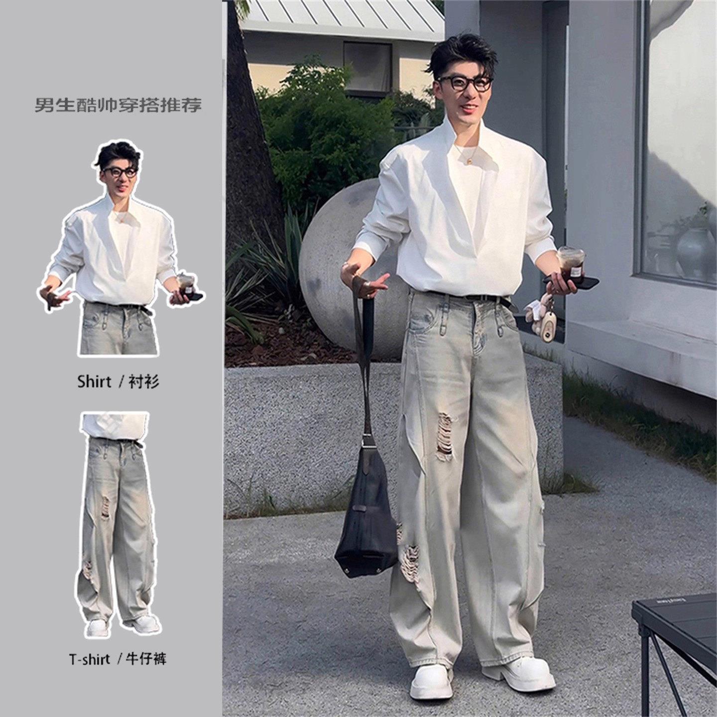 CLARALEE痞帅套装男夏季衬衫搭配破洞弯刀牛仔裤男生酷帅穿搭一套