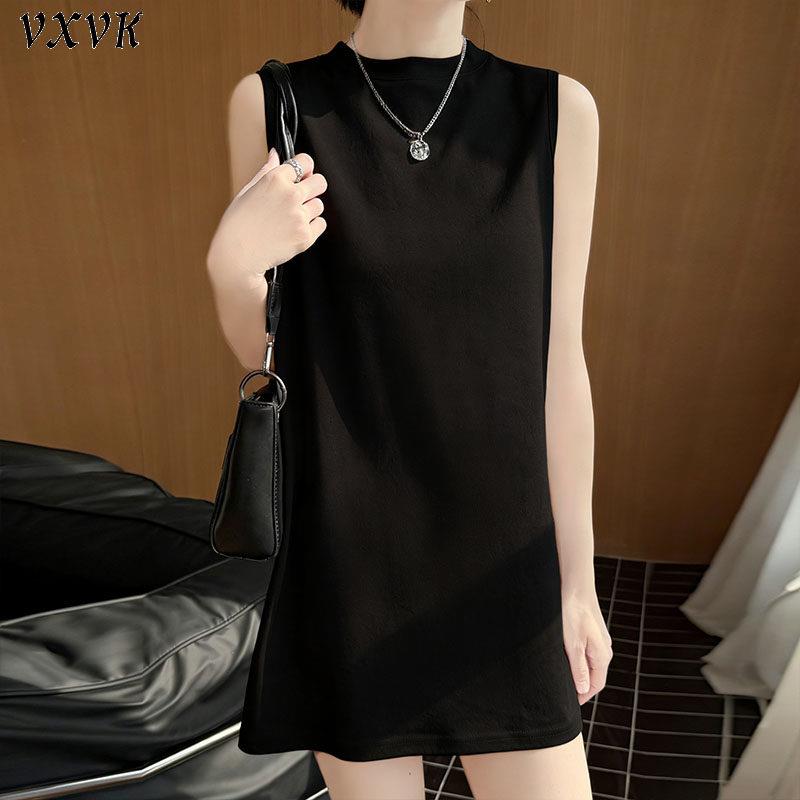 黑色中长款无袖背心女夏季新款小立领宽松显瘦遮屁股纯棉t恤上衣