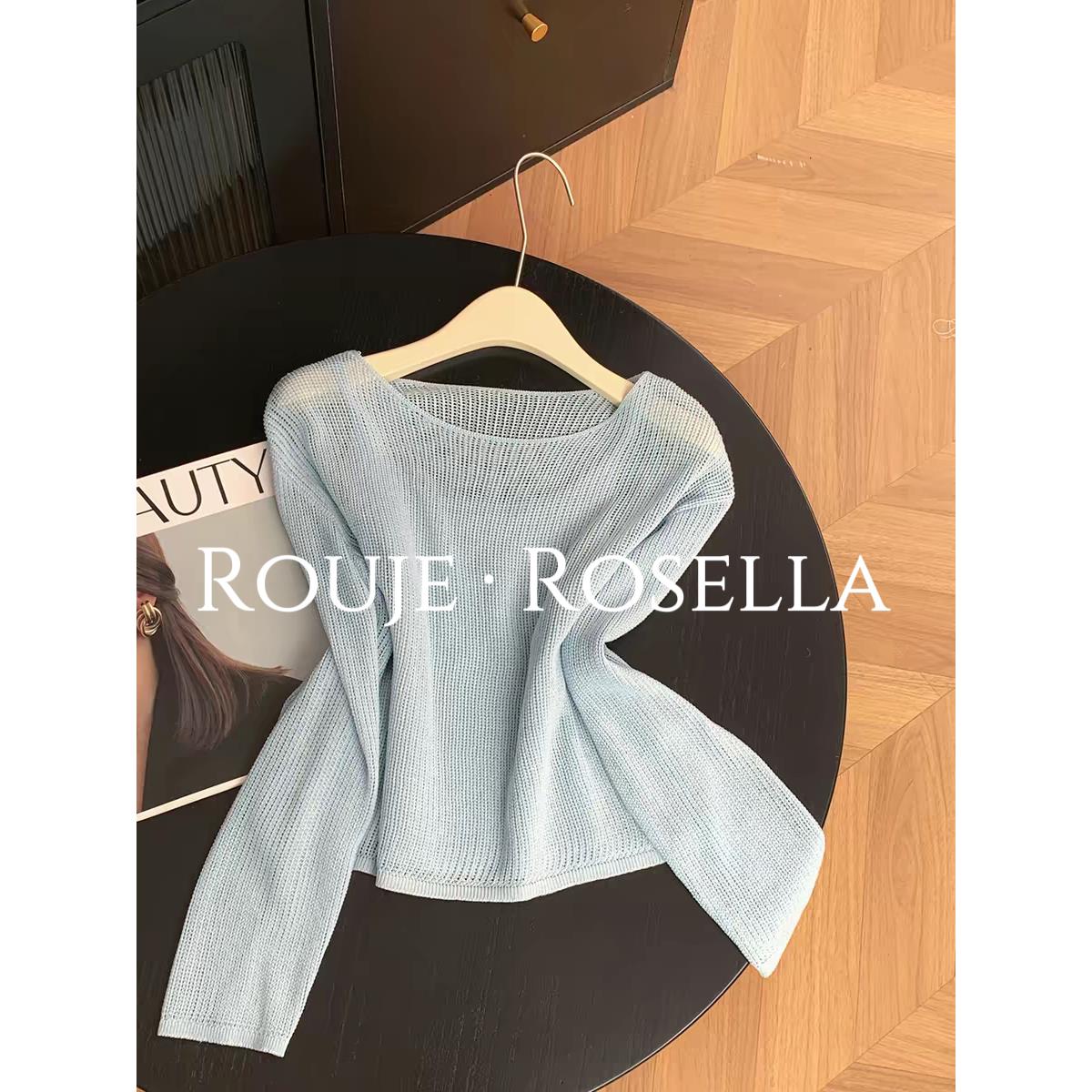 法国Rouje Rosella优雅气质蓝色圆领针织衫女早春薄款长袖上衣